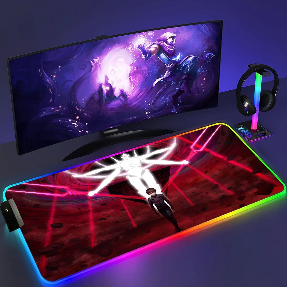 RGB Mouse Pad E Evangelion PC Gaming Accessories LED Mousepad Gamer Cabinet Carpet Keyboard Mat Computer 3 - Neon Genesis Evangelion Shop