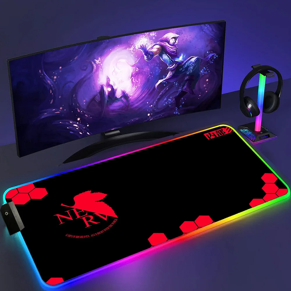 RGB Mouse Pad E Evangelion PC Gaming Accessories LED Mousepad Gamer Cabinet Carpet Keyboard Mat Computer 9 - Neon Genesis Evangelion Shop